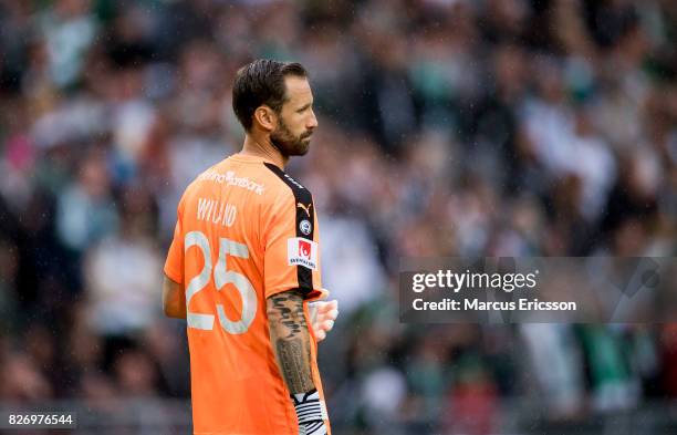 Johan Wiland, goalkeeper of Hammarby IF during the Allsvenskan match between Hammarby IF and BK Hacken at Tele2 Arena on August 6, 2017 in Stockholm,...