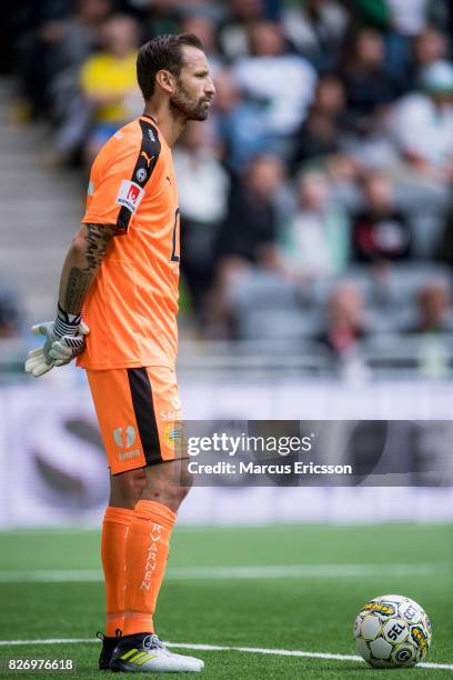 Johan Wiland, goalkeeper of Hammarby IF during the Allsvenskan match between Hammarby IF and BK Hacken at Tele2 Arena on August 6, 2017 in Stockholm,...