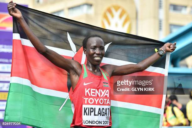 Silver medallist Kenya's Edna Ngeringwony Kiplagat poses after the women's marathon athletics event at the 2017 IAAF World Championships in central...
