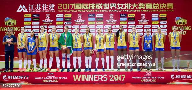 Players of Brazil celebrate during the award ceremony 2017 Nanjing FIVB World Grand Prix Finals between Italy and Brazil on August 6, 2017 in...