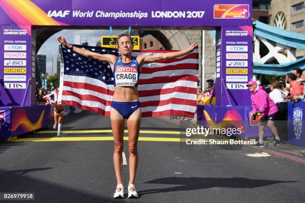 Amy Cragg of the United States celebrates after placing third in the Women's Marathon during day three of the 16th IAAF World Athletics Championships...