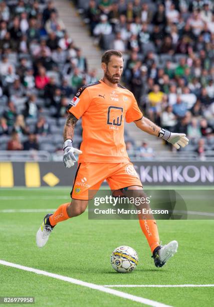 Johan Wiland, goalkeeper of Hammarby IF during the Allsvenskan match between Hammarby IF and BK Hacken at Tele2 Arena on August 6, 2017 in Stockholm,...