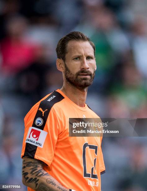 Johan Wiland, goalkeeper of Hammarby IF during the Allsvenskan match between Hammarby IF and BK Hacken at Tele2 Arena on August 6, 2017 in Stockholm,...