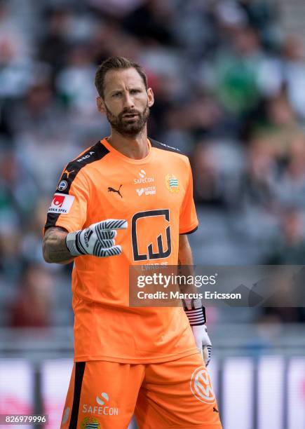 Johan Wiland, goalkeeper of Hammarby IF during the Allsvenskan match between Hammarby IF and BK Hacken at Tele2 Arena on August 6, 2017 in Stockholm,...