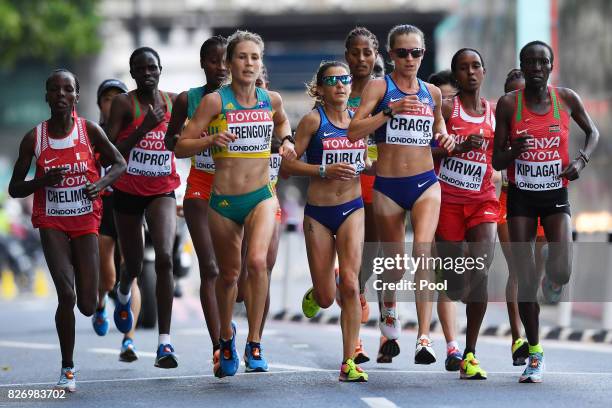 Bahrain's Rose Chelimo , Australia's Jessica Trengove , US athlete Amy Cragg and Kenya's Edna Ngeringwony Kiplagat compete in the Women's Marathon...