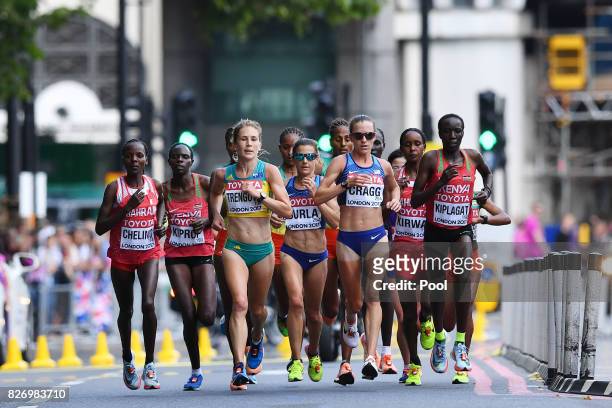 Bahrain's Rose Chelimo , Australia's Jessica Trengove , US athlete Amy Cragg and Kenya's Edna Ngeringwony Kiplagat compete in the Women's Marathon...