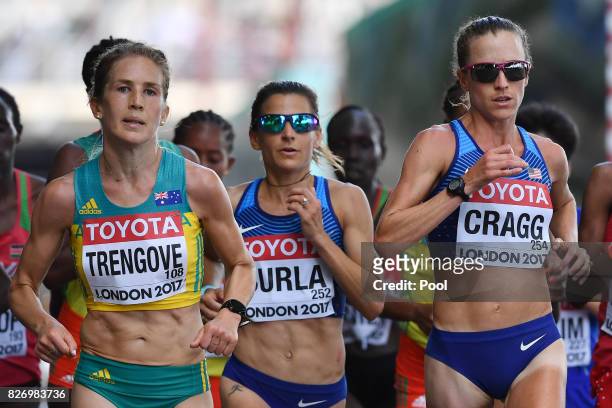 Australia's Jessica Trengove, US athlete Serena Burla and US athlete Amy Cragg compete in the Women's Marathon during day three of the 16th IAAF...
