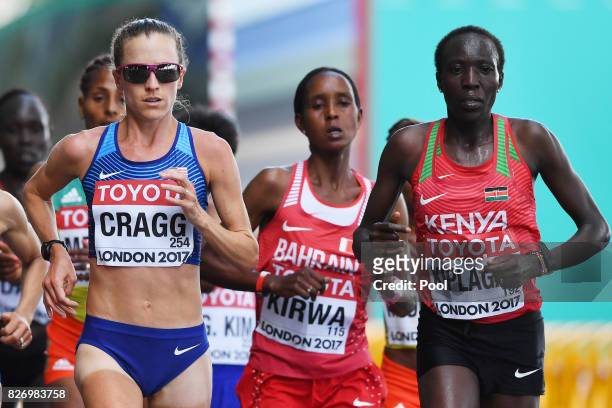 Athlete Amy Cragg and Kenya's Edna Ngeringwony Kiplagat compete in the Women's Marathon during day three of the 16th IAAF World Athletics...