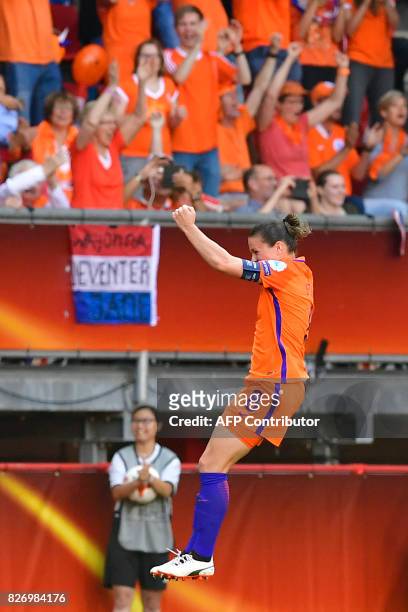 Netherlands' midfielder Sherida Spitse celebrates after scoring a goal during the UEFA Womens Euro 2017 football tournament final match between...