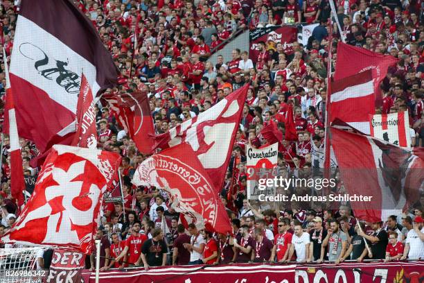 Fans of Kaiserslautern during the Second Bundesliga match between 1. FC Kaiserslautern and SV Darmstadt 98 at Fritz-Walter-Stadion on August 4, 2017...