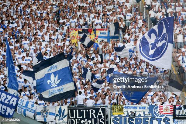 Fans of Darmstadt during the Second Bundesliga match between 1. FC Kaiserslautern and SV Darmstadt 98 at Fritz-Walter-Stadion on August 4, 2017 in...