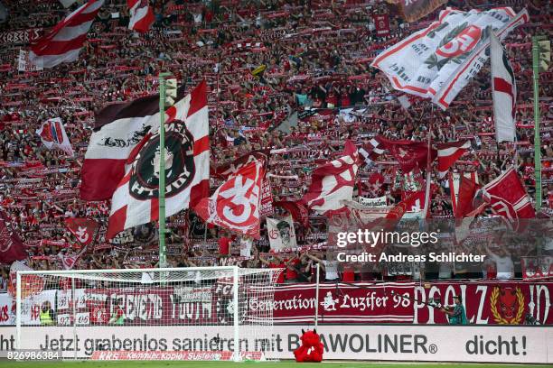 Fans of Kaiserslautern during the Second Bundesliga match between 1. FC Kaiserslautern and SV Darmstadt 98 at Fritz-Walter-Stadion on August 4, 2017...