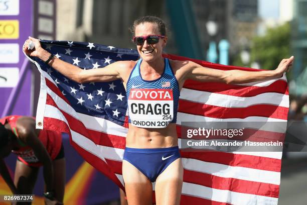 Amy Cragg of the United States celebrates after placing third in the Women's Marathon during day three of the 16th IAAF World Athletics Championships...