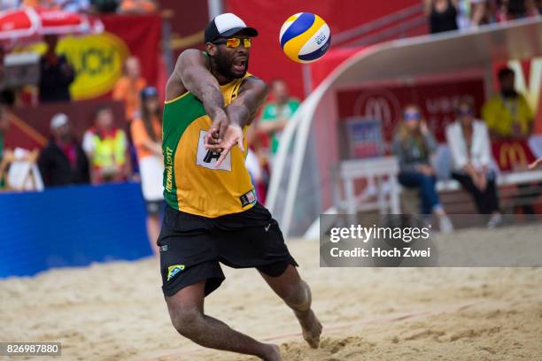 Evandro Goncalves Oliveira Junior of Brazil in action during Day 10 of the FIVB Beach Volleyball World Championships 2017 on August 6, 2017 in...