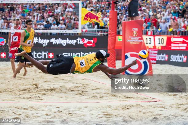 Evandro Goncalves Oliveira Junior of Brazil in action during Day 10 of the FIVB Beach Volleyball World Championships 2017 on August 6, 2017 in...