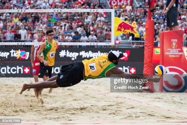 Evandro Goncalves Oliveira Junior of Brazil in action during Day 10 of the FIVB Beach Volleyball World Championships 2017 on August 6, 2017 in...