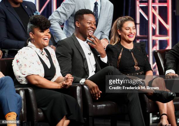 Yvette Nicole Brown, Brandon Micheal Hall and Lea Michele from "The Mayor" speak onstage during the Disney/ABC Television Group portion of the 2017...