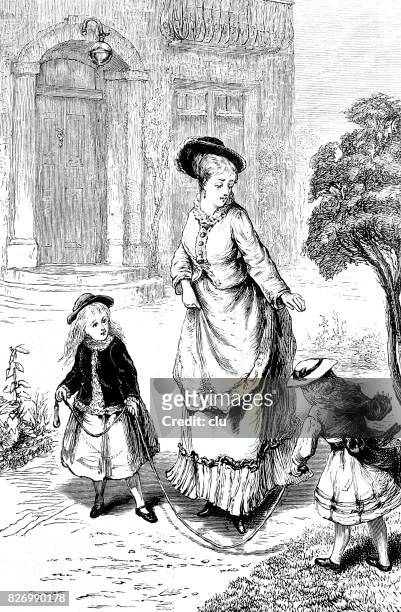 two girls skipping rope and a woman looking at it - 1876 stock illustrations