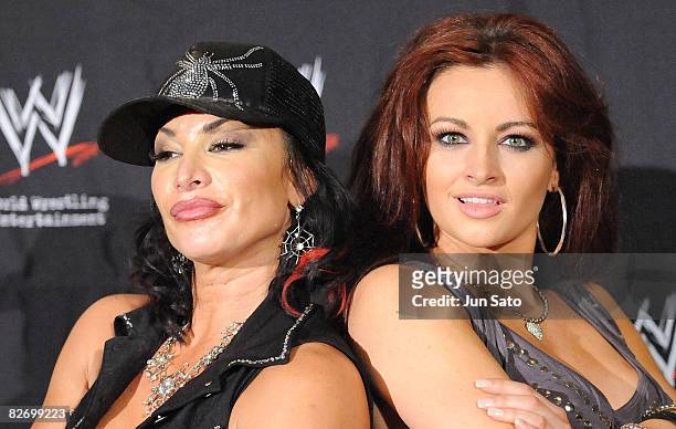 Wrestlers Maria Kanellis and Victoria attend the WWE "Summer Slam" Tokyo viewing party at Shinagawa Prince Hotel Stellar Ball on September 7, 2008 in...