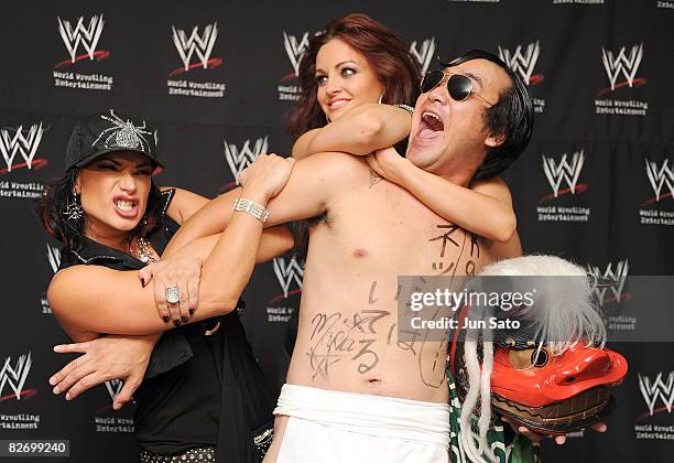 Wrestlers Victoria, Comedian Kenji Tamura and Maria Kanellis attend the WWE "Summer Slam" Tokyo viewing party at Shinagawa Prince Hotel Stellar Ball...