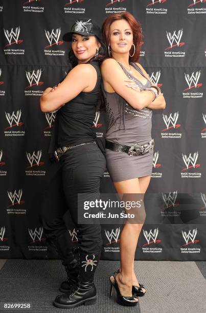 Wrestlers Maria Kanellis and Victoria attend the WWE "Summer Slam" Tokyo viewing party at Shinagawa Prince Hotel Stellar Ball on September 7, 2008 in...
