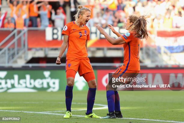 Vivianne Miedema of the Netherlands celebrates after scoring her team's fourth goal during the Final of the UEFA Women's Euro 2017 between...