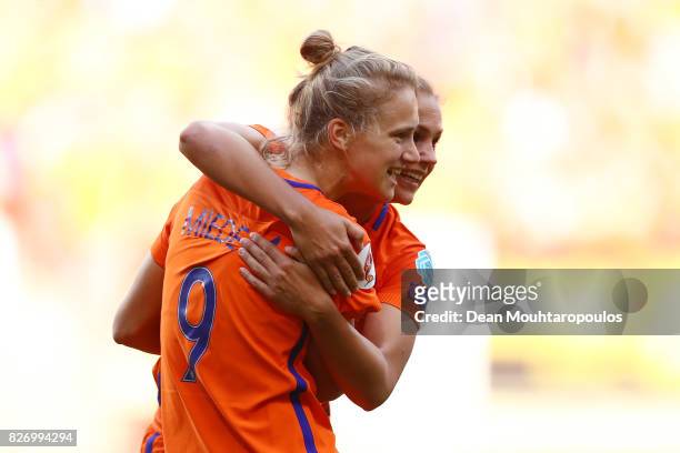 Vivianne Miedema of the Netherlands celebrates after scoring her team's fourth goal during the Final of the UEFA Women's Euro 2017 between...