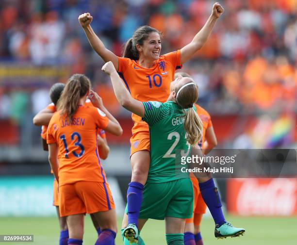 Danielle van de Donk of the Netherlands celebrates with team mate Loes Geurts of the Netherlands during the Final of the UEFA Women's Euro 2017...