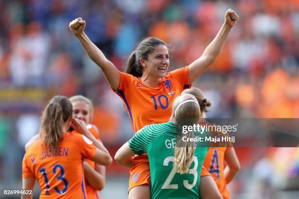 Danielle van de Donk of the Netherlands celebrates with team mate Loes Geurts of the Netherlands during the Final of the UEFA Women's Euro 2017...