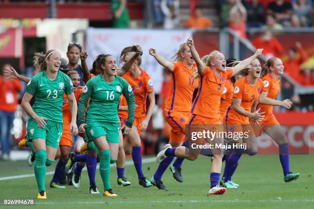 Netherlands players celebrate at the final whistle during the Final of the UEFA Women's Euro 2017 between Netherlands v Denmark at FC Twente Stadium...