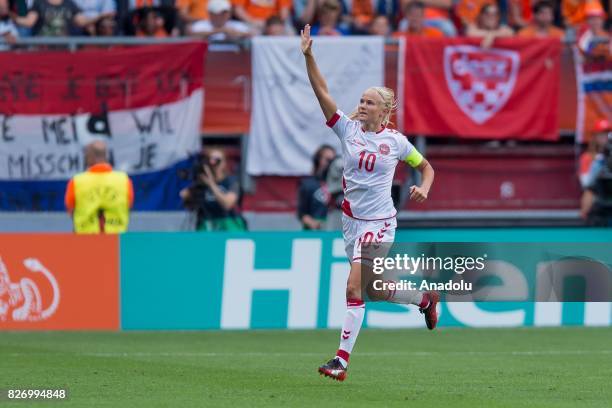 Pernille Harder of Denmark celebrates after scoring a goal during the Final match of the UEFA Women's Euro 2017 between Netherlands and Denmark at FC...