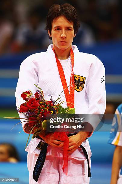 Carmen Brussig of Germany after winning the bronze medal of the womens - 48kg Judo competition at Beijing Workers` Gymnasium on September 7, 2008 in...