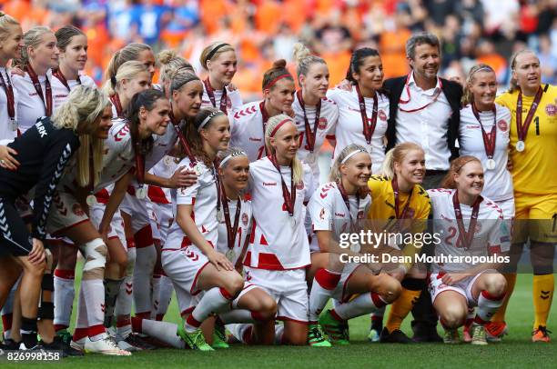 Denmark team pose for a picture following the Final of the UEFA Women's Euro 2017 between Netherlands v Denmark at FC Twente Stadium on August 6,...