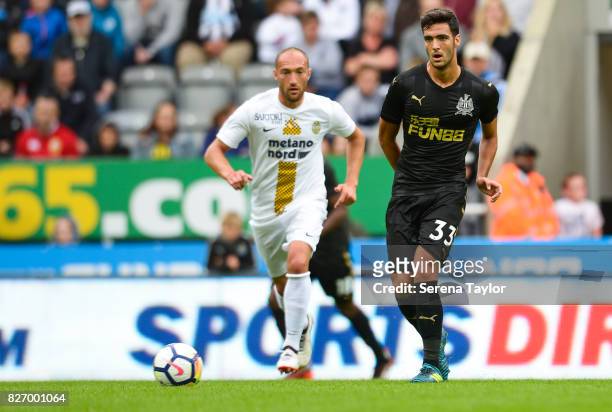Mikel Merino of Newcastle United passes the ball during the Pre Season Friendly match between Newcastle United and Hellas Verona at St.James' Park on...