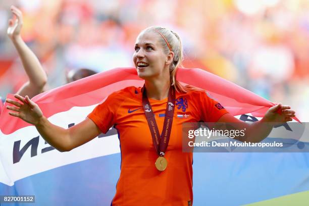 Kelly Zeeman of the Netherlands celebrates following the Final of the UEFA Women's Euro 2017 between Netherlands v Denmark at FC Twente Stadium on...