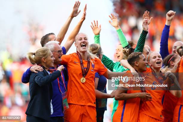 Sarina Wiegman, head coach of Netherlands celebrates with her team following the Final of the UEFA Women's Euro 2017 between Netherlands v Denmark at...