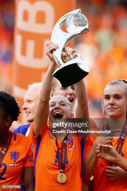 Jackie Groenen of the Netherlands lifts the trophy following the Final of the UEFA Women's Euro 2017 between Netherlands v Denmark at FC Twente...