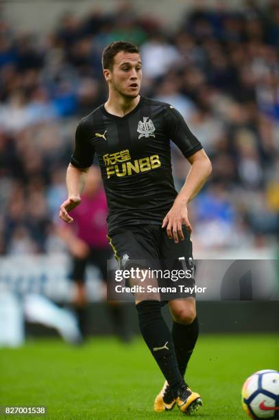 Javier Manquilo of Newcastle United passes the ball during the Pre Season Friendly match between Newcastle United and Hellas Verona at St.James' Park...