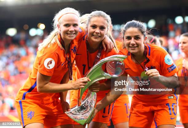 Lieke Martens of the Netherlands and Danielle van de Donk of the Netherlands celebrate with the trophy following the Final of the UEFA Women's Euro...
