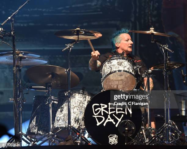 Drummer Tre Cool of Green Day performs during the 2017 'Radio Revolution' Tour at Oakland-Alameda County Coliseum on August 5, 2017 in Oakland,...