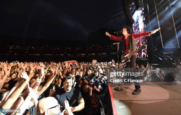 Billie Joe Armstrong of Green Day performs during the 2017 'Radio Revolution' Tour at Oakland-Alameda County Coliseum on August 5, 2017 in Oakland,...