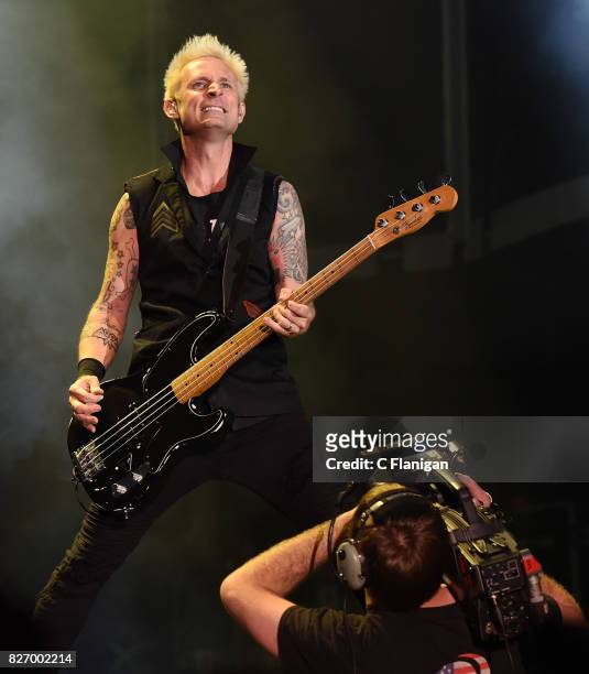 Bassist Mike Dirnt of Green Day performs during the 2017 'Radio Revolution' Tour at Oakland-Alameda County Coliseum on August 5, 2017 in Oakland,...