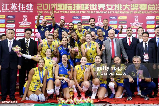 Players of Brazil celebrate during the award ceremony 2017 Nanjing FIVB World Grand Prix Finals between Italy and Brazil on August 6, 2017 in...