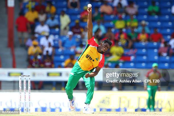 In this handout image provided by CPL T20, Keemo Paul of the Guyana Amazon Warriors bowls during Match 4 of the 2017 Hero Caribbean Premier League...