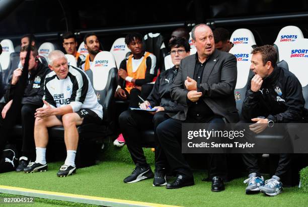 Newcastle United's Manager Rafael Benitez sits in the dugouts during the Pre Season Friendly match between Newcastle United and Hellas Verona at...