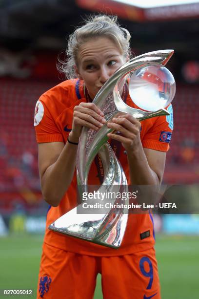 Vivianne Miedema of the Netherlands kisses the trophy following the Final of the UEFA Women's Euro 2017 between Netherlands v Denmark at FC Twente...