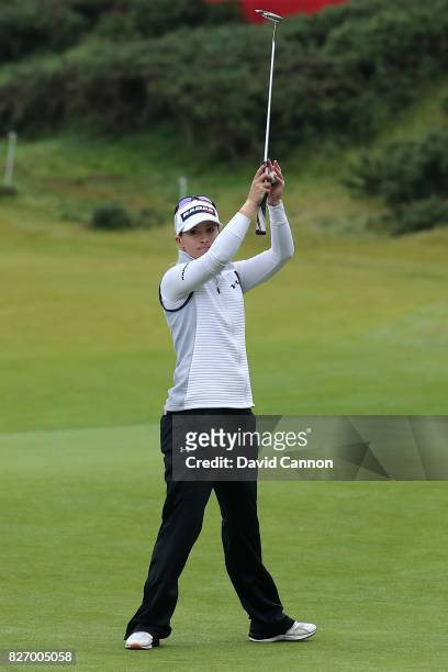 Jodi Ewart Shadoff of England acknowledges the crowd on the 18th green during the final round of the Ricoh Women's British Open at Kingsbarns Golf...