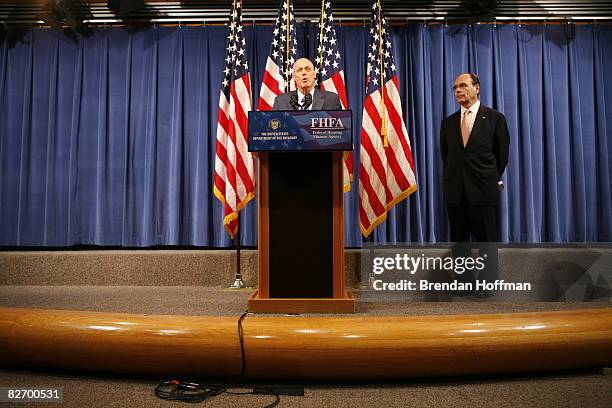 Treasury Secretary Henry Paulson speaks at a news conference announcing a federal takeover of Fannie Mae and Freddie Mac as Federal Housing Finance...