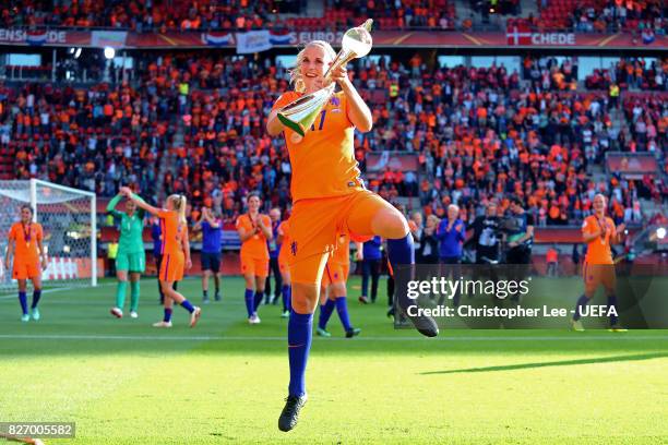 Kelly Zeeman of the Netherlands celebrates with the trophy following the Final of the UEFA Women's Euro 2017 between Netherlands v Denmark at FC...