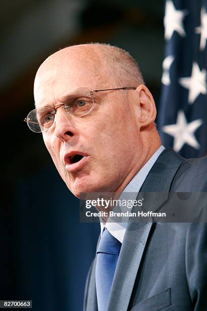 Treasury Secretary Henry Paulson speaks at a news conference announcing a federal takeover of Fannie Mae and Freddie Mac September 7, 2008 in...